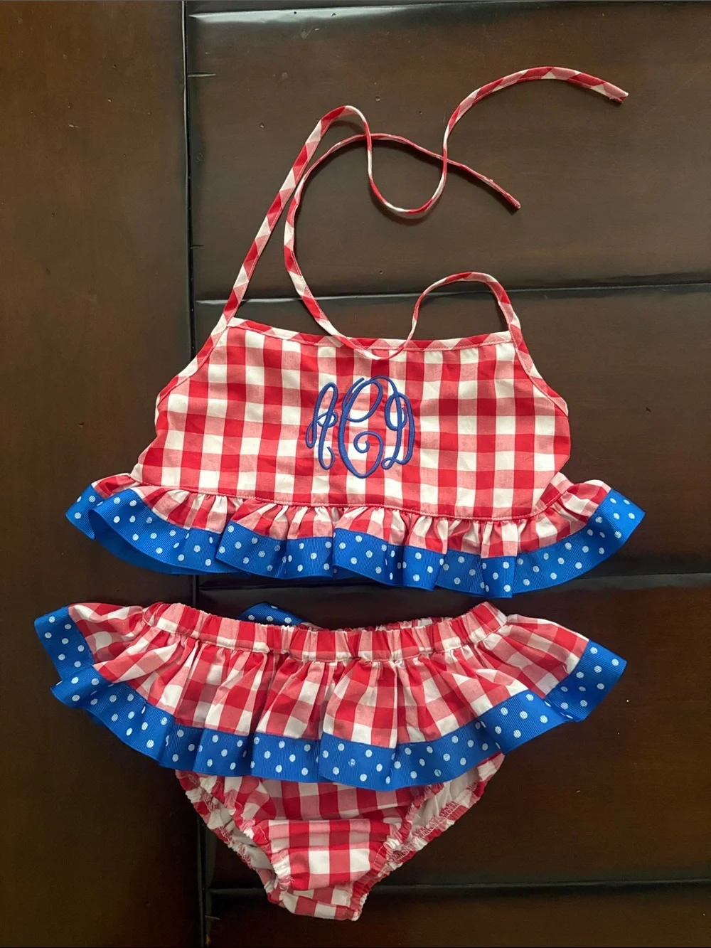 Girls smocked “ACD” Red & White Gingham Two-Piece Ruffle Swimsuit